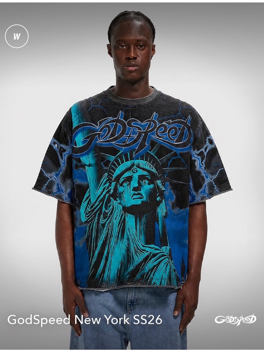 GodSpeed New York Men's Blue Statue Graphic Short Sleeve Tee